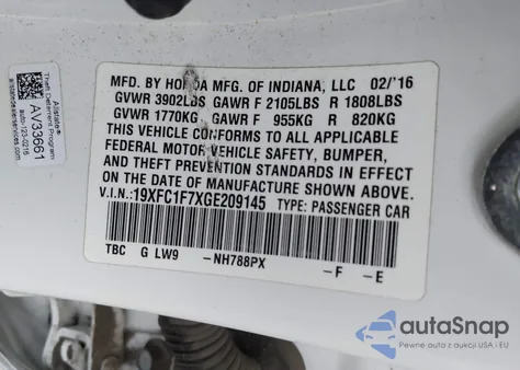 2016 Honda Civic Ex-L from USA, damaged, VIN 19XFC1F7XGE209145